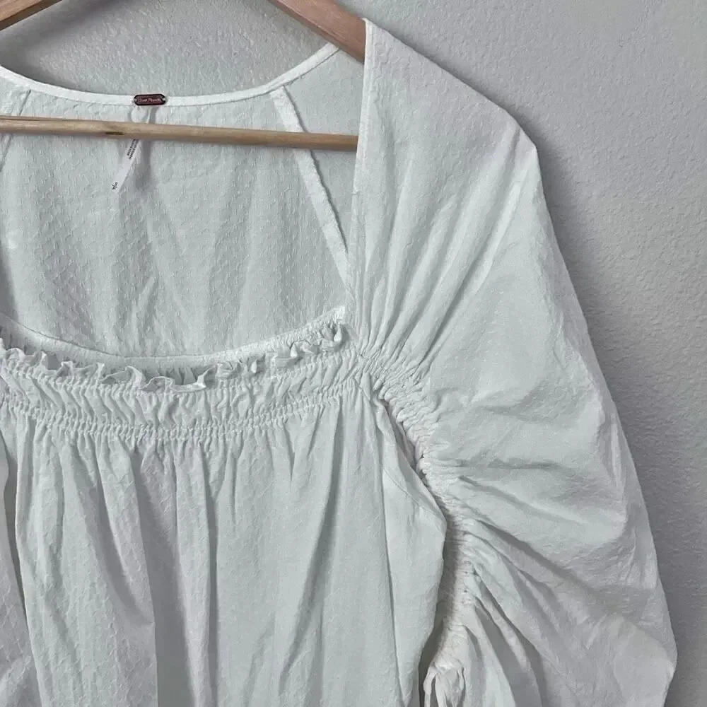 FREE PEOPLE | Brynn Puff Balloon Sleeve White Tunic Top 100% Cotton |‎ Small